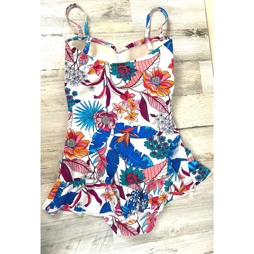 Profile by Gottex Womens 10 White Multi Floral One Piece Swimsuit Ruffle NEW - Picture 2 of 6